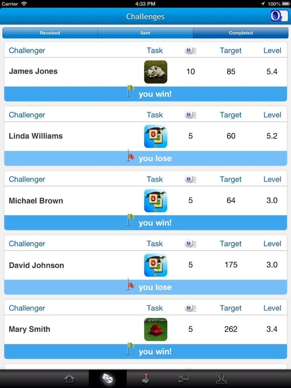 This screen shows the challenges you complete against your friends, if you won the challenge, the number of neurons (points) you earned, your target goals, and the level you completed.