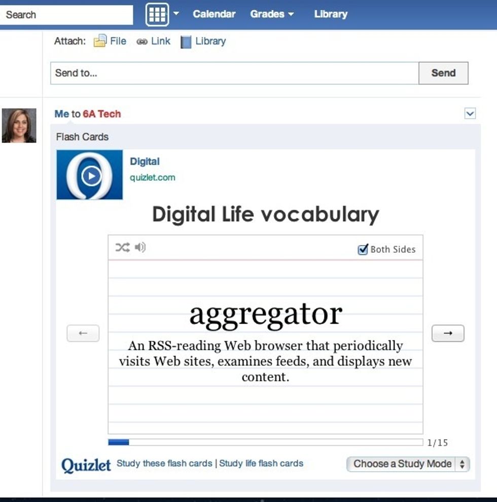 This screen shows the students' screen once note is complete. Students need to click on the "play" button to practice flashcards right in Edmodo. The other link option takes them to the Quizlet site.