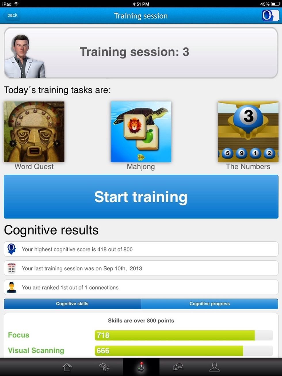 This screen shows you 3 training games that are selected based on your level and skills earned. By hitting "Start training" you'll begin playing the first game and continue to the last.