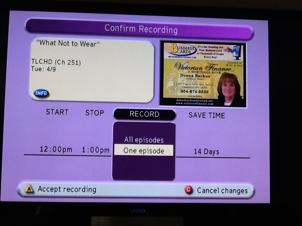 This screen will appear on your TV, detailing your recorded show. It will ask you if you want to record all episodes of this show or just this episode.