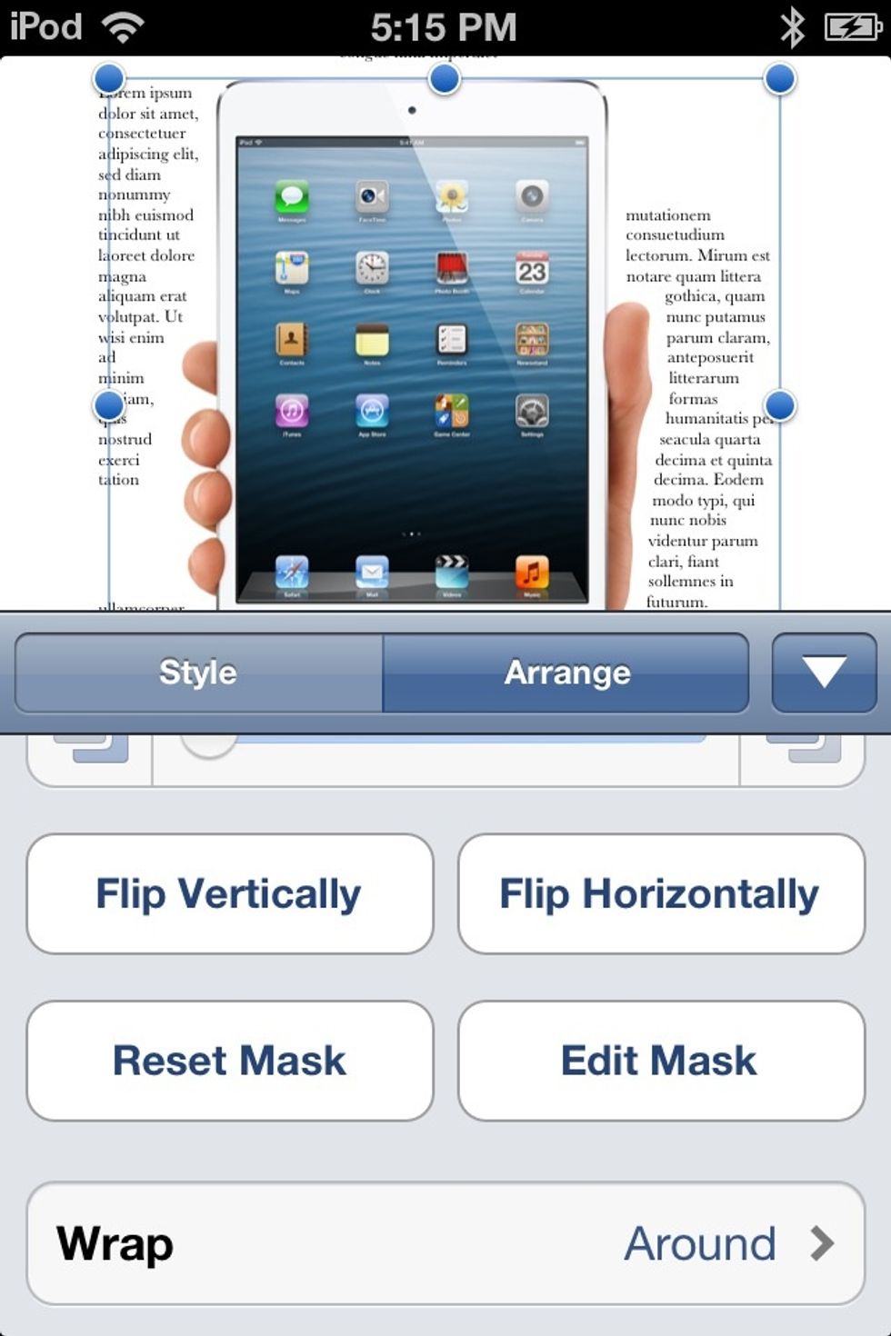 This screen will come up. Tap the ARANGE tab. Scroll Down and tap WRAP.
