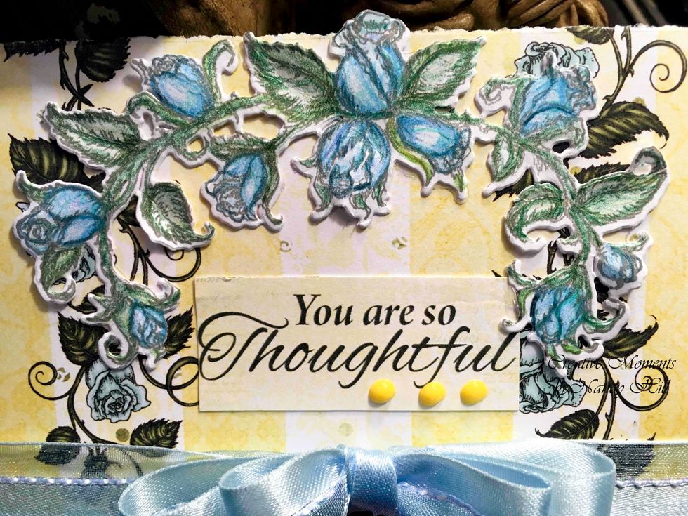 This sentiment was in the Heartfelt Creations Blushing Rose Collection.  I stamped the Heartfelt Creations Blushing Rose Stem and colored it with colored pencils.  I used NUVO Dandelion Yellow drops.