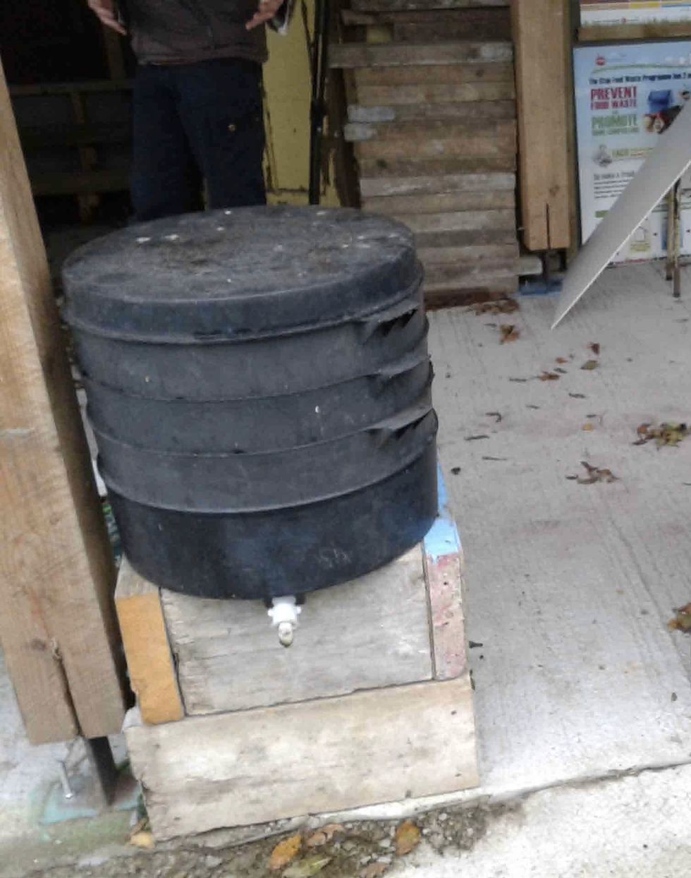 This shop-bought, plastic, stackable tray wormery has a drainage tap on the bottom. This allows the valuable worm tea to be drained off and used as a fertiliser.