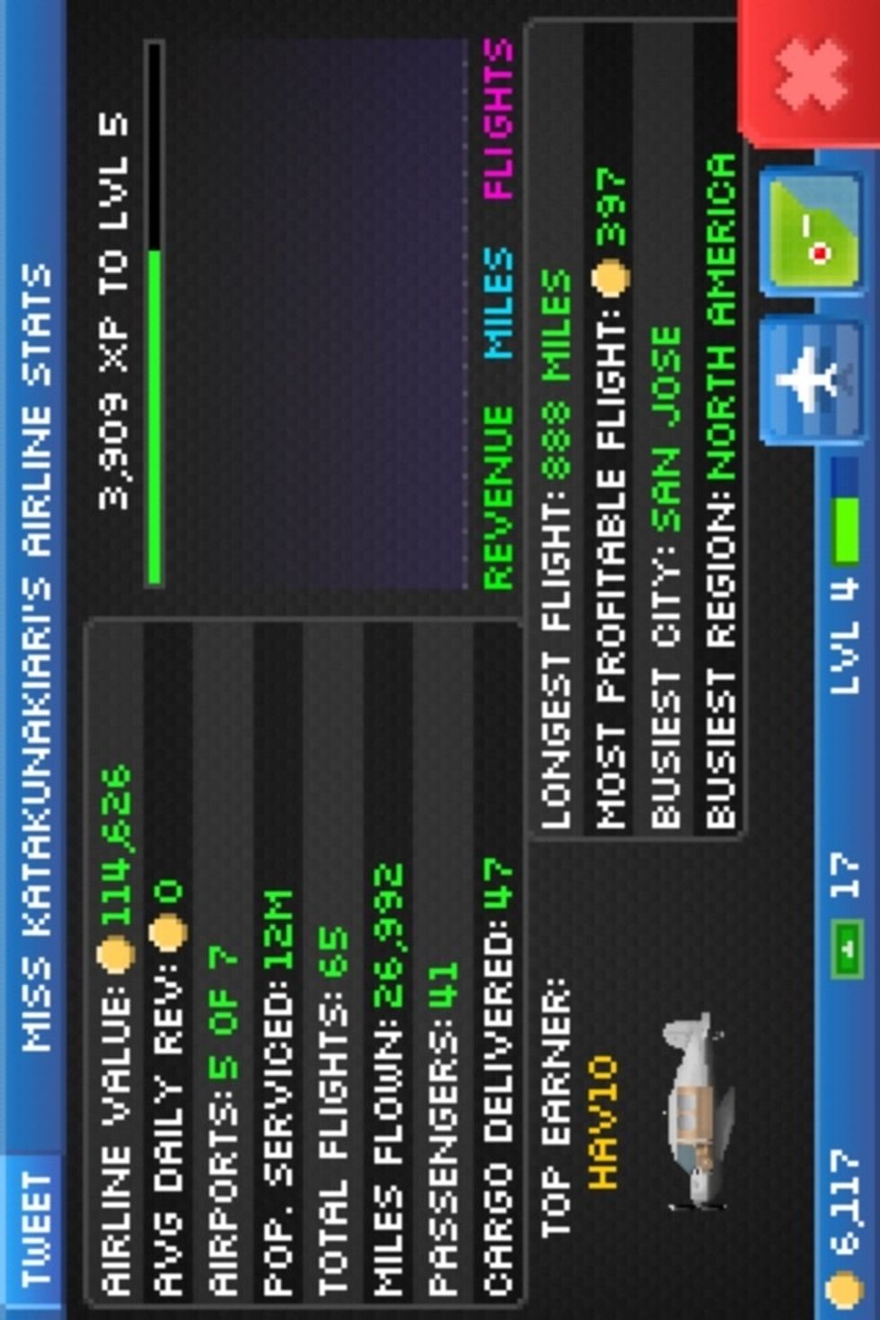 This shows you stats on all of your airports. You can tweet this.