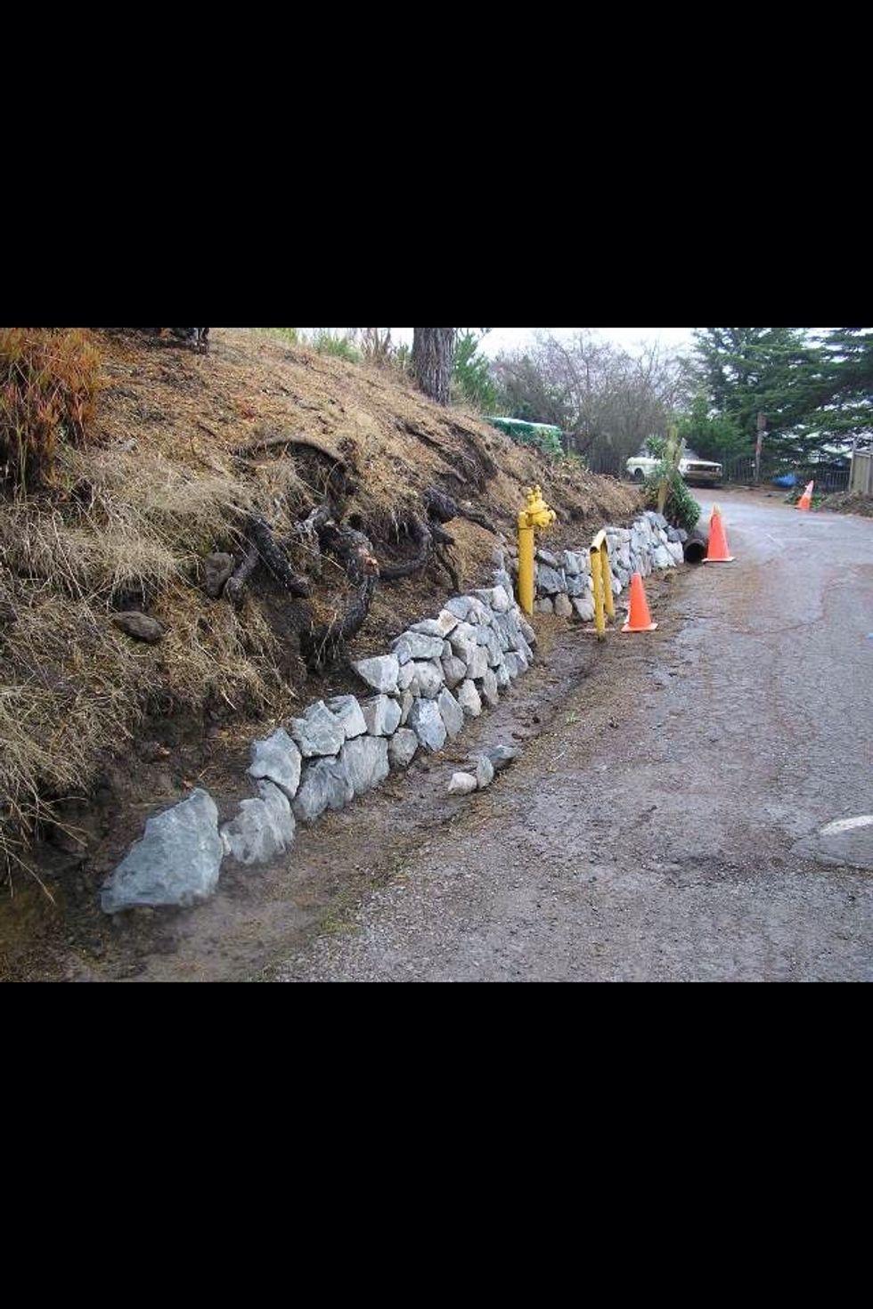 This specific example shows prevention of erosion. This wall prevents the dirt from eroding and falling onto the road.