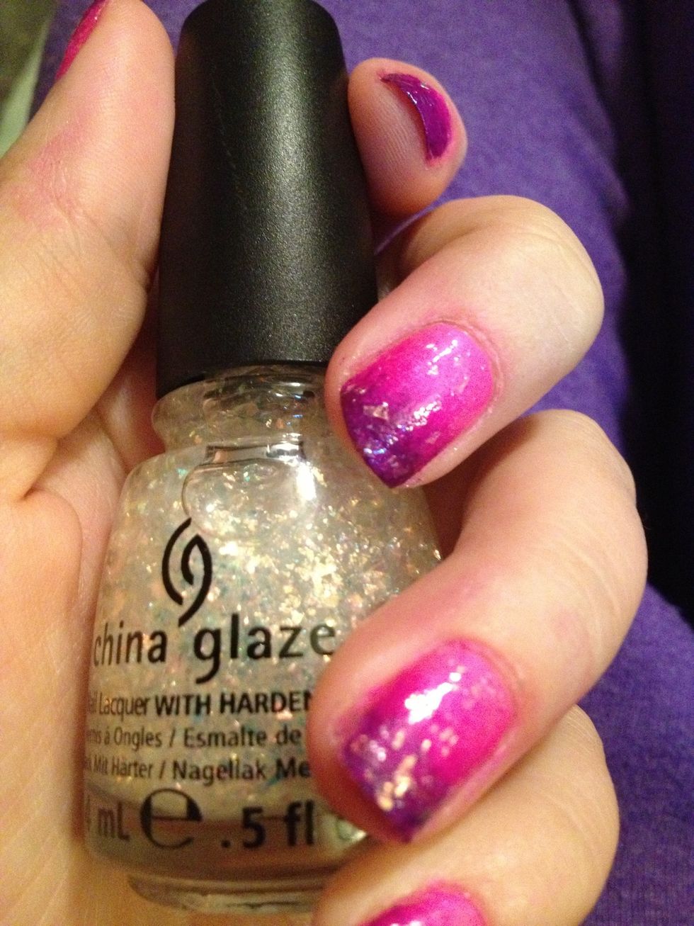 This step is optional- coat nails with a glitter coat to add some pizazz! (I used luxe and lush by china glaze )