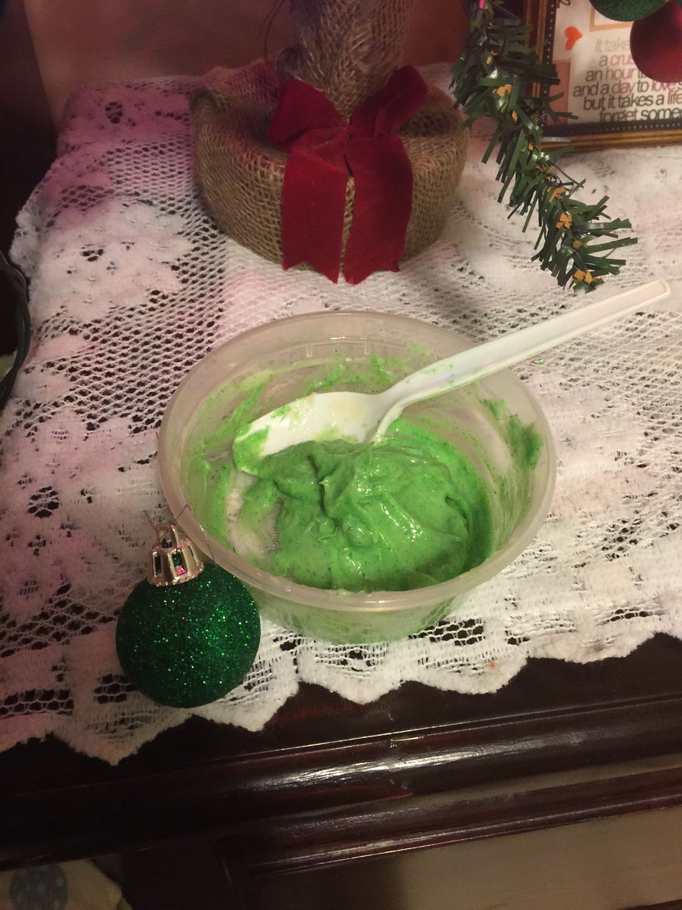 This step is optional. Take food coloring of your choice and add that into the mixture as well. I just went for a minty green color!