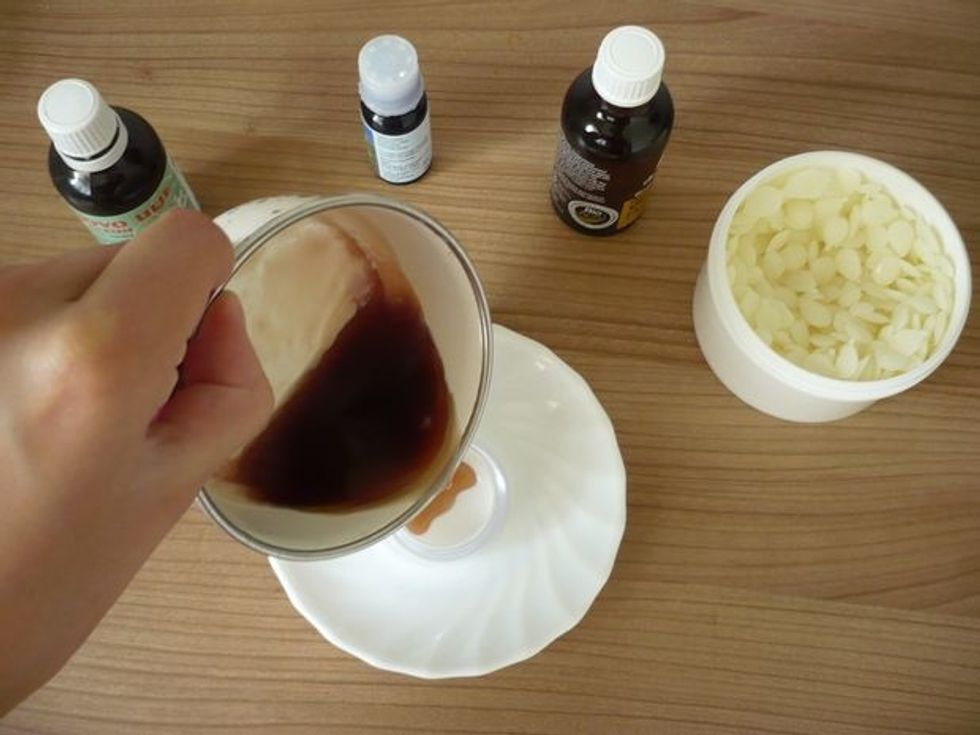 This step should be done immediately after you mix everything up because the beeswax tends to solidify really fast so if you wait you will have a hard time pouring it in the container.