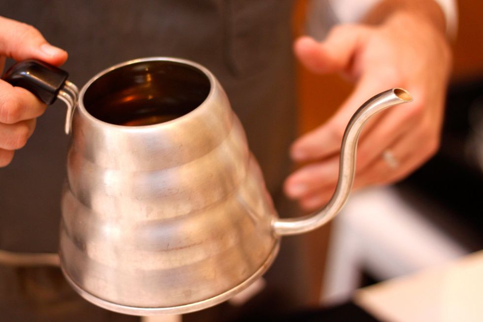 This swan necked kettle is perfect for pour over coffee. It allows you to control the pace of water flow nicely. Heat up water to 202 degrees for light roasts. Darker roasts will be closer to 195.