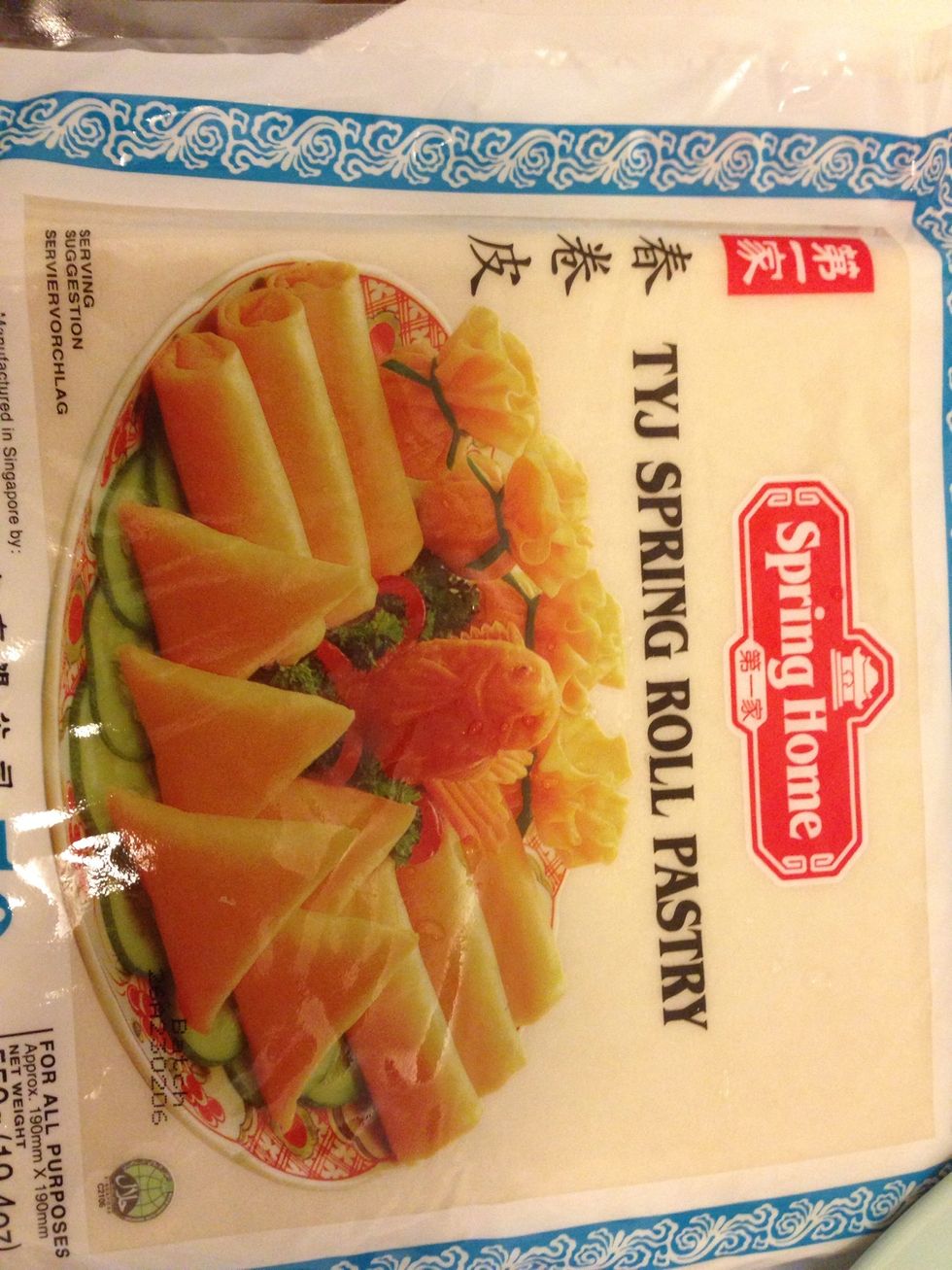 This the spring roll "skin" that I used. You can find it in any Asian grocery store, frozen section. Roll it in the clean surface.
