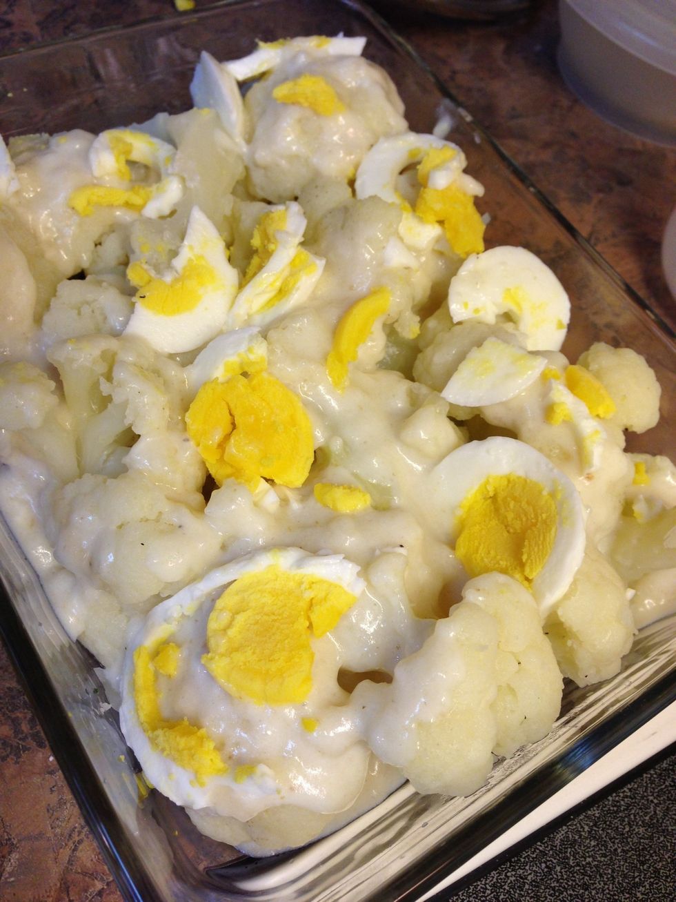 This time I placed egg slices on top, but you can choose to mix in. Cracker crumbs are sprinkled on top just before baking. (A nice option would be to sprinkle in some bacon bits.)