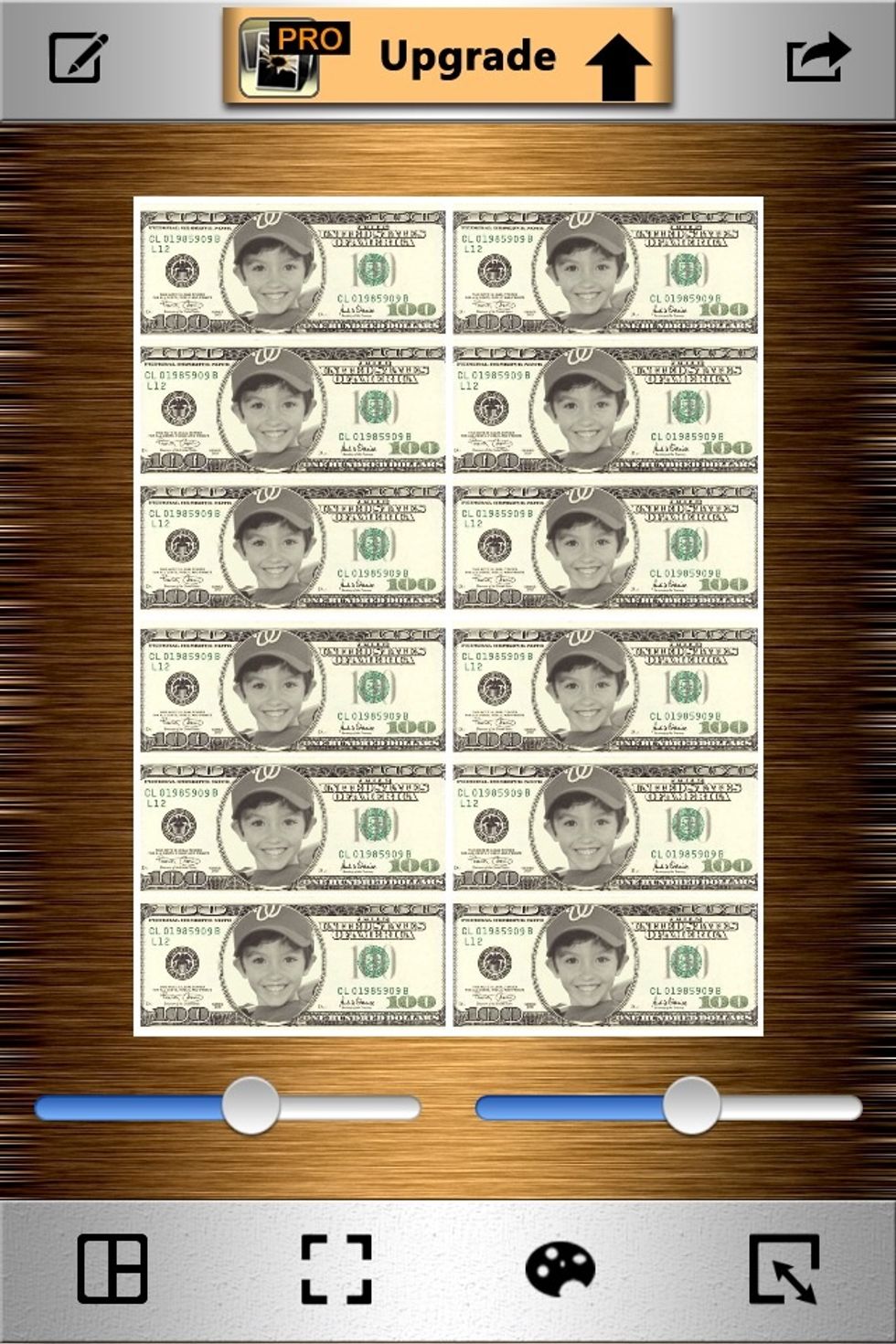 This time no adjustments need to be made because your previous adjustments are still in effect from the three bill collage you made. Your bills should be fully covering the whole page.