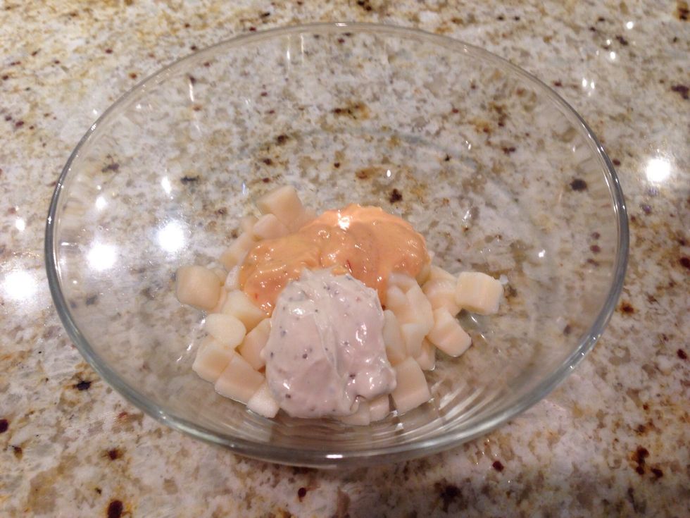 This version is using thousand island.  (For non-creamy salad, Italian dressing is a great choice, too.  Just leave out the mayo.)