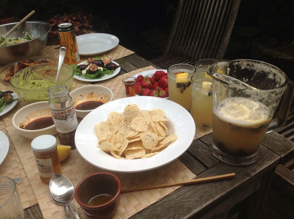 This was the meal we had it with. Blackened corn salad, guacamole, veggie drumsticks, strawberries and arugula salad with figs and goat brie.