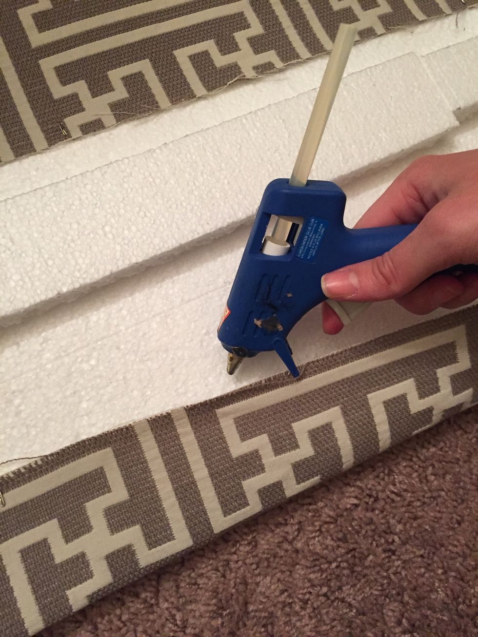 This wasn't needed for my other valences, but was great for a little extra help when pinning the fabric. Add just a drop of hot glue every few inches.