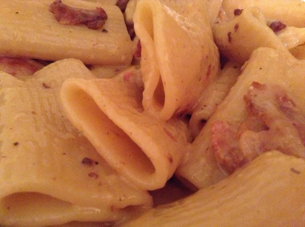 This water has starch in it from the pasta which thickens the egg; I also used a beef buillion rather than salt which adds flavor to the cream you make - stir over med-low heat until it looks right!