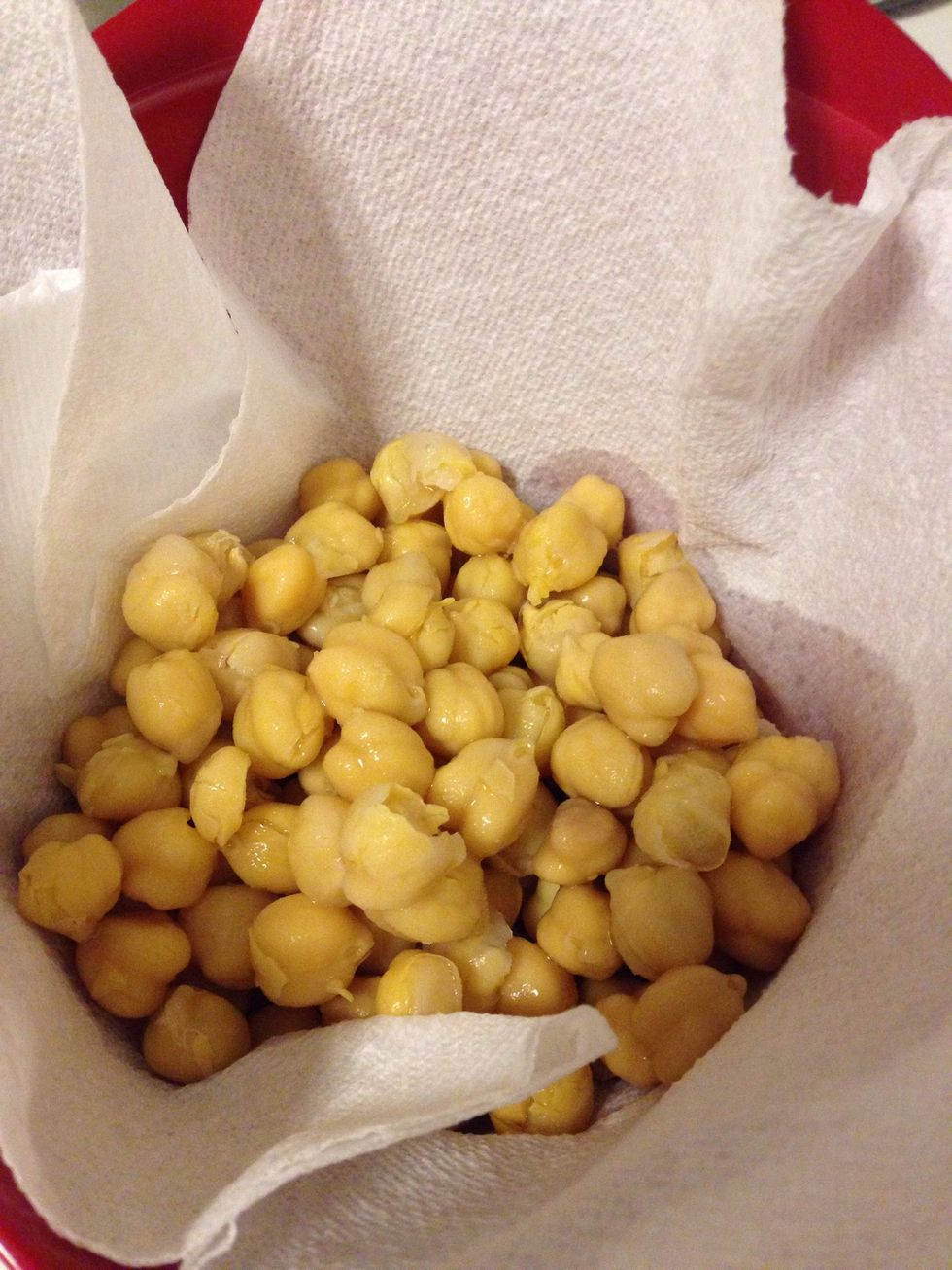 THOROUGHLY drain and rinse garbanzo beans and transfer to a paper towel-lined bowl and pat dry. The drier you can get the beans the better!