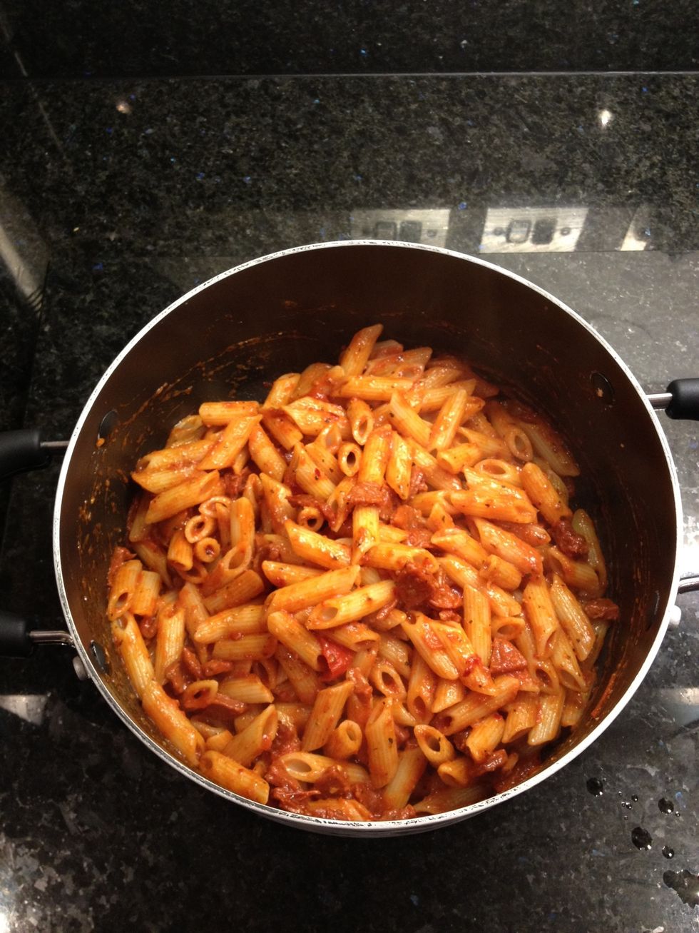 Thoroughly mix the sauce and pasta together, then your ready to serve it up!