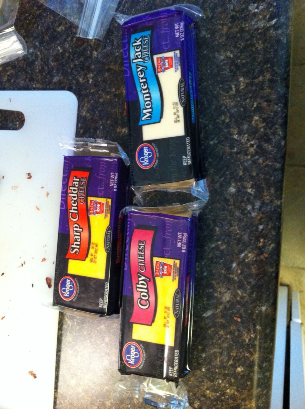 Three types of cheese (cut them up).