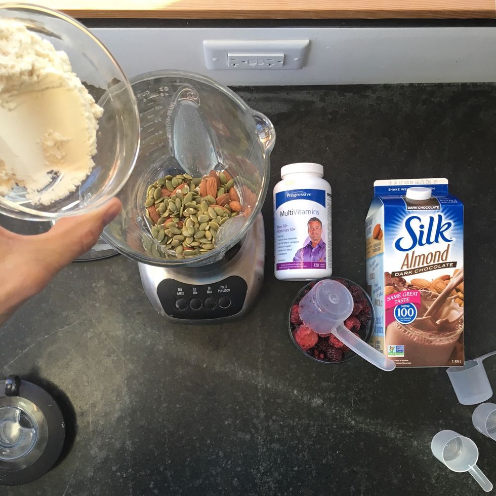 Throw in the protein powder. If you want a vegan option there are all plant based protein powders such as Vega available.