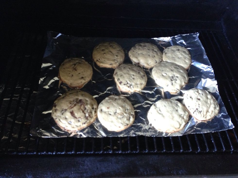 Throw on the grill and 325 degrees Fahrenheit and bake for approx 5 minutes, or until golden brown at the edges but just the tiniest bit gooey in the middle!