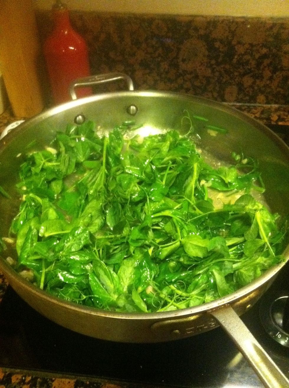 Throw the pea tendrils into the saute pan with the other ingredients and toss to coat.