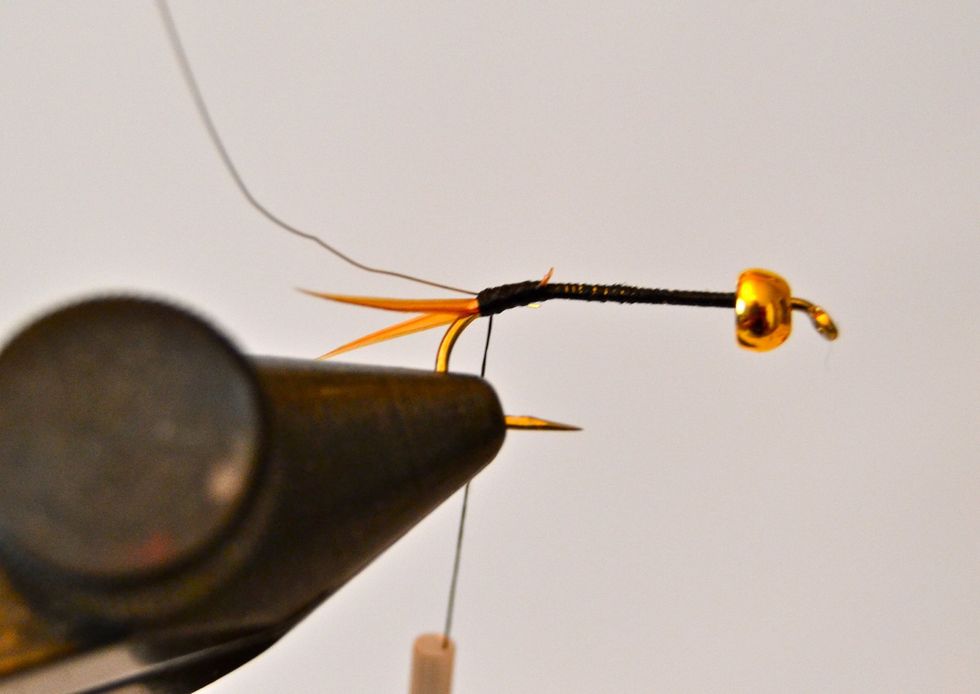 Tie in a single strand of fine gold colored wire at the front end of the 'tail.' (The wire should be at least 3-4 inches to make sure you have enough.)