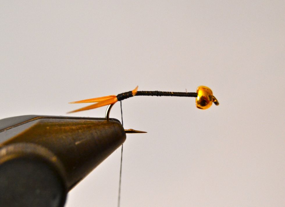 Tie in another single biot barb to the NEAR side of the hook in the same manner as the previous two steps. This should look like a 'tail' of sorts. :-)