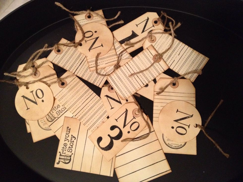 Tie jute through each tag .