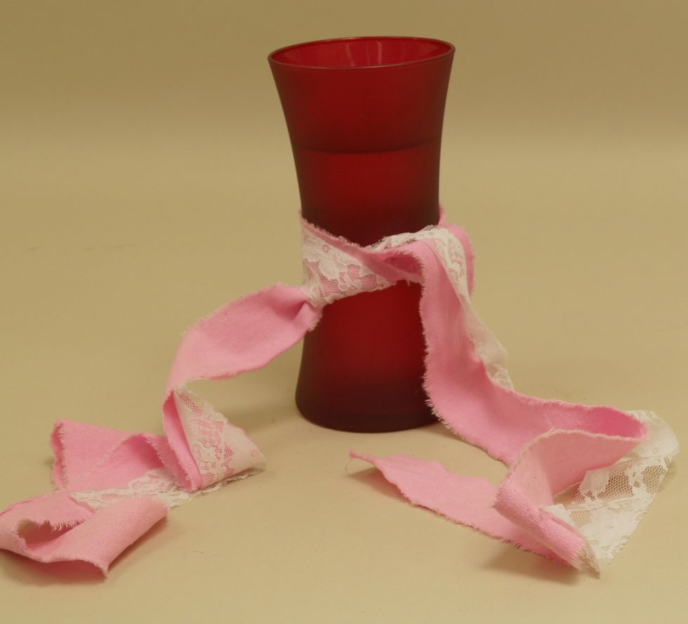 Tie Raw Muslin and White Lace Wrap around vase.