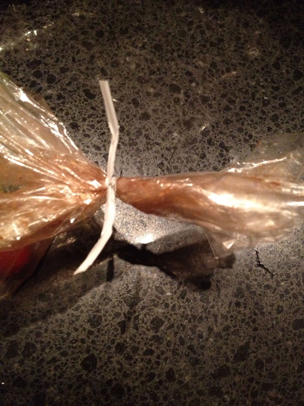 Tie the oven bag so it looks like this