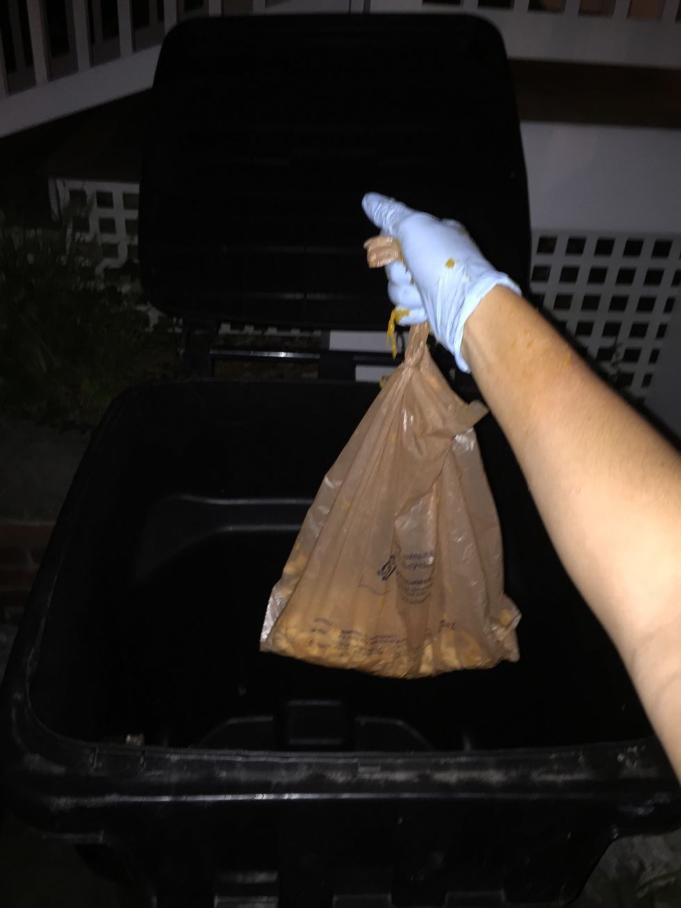 Tie up the plastic bag of guts and throw them into the garbage can outside of your house.