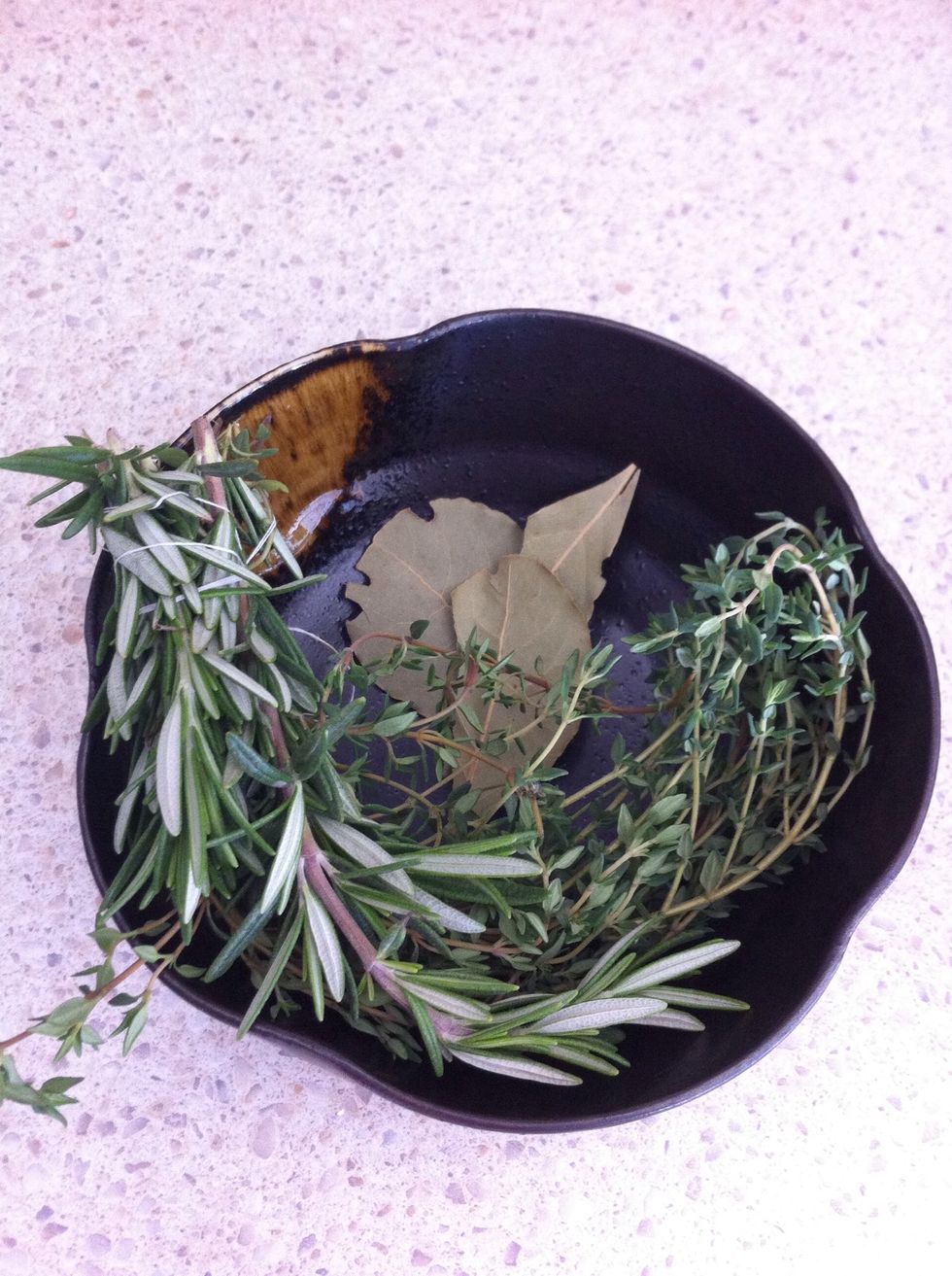 Tie up the thyme and rosemary, so it's easier to pick them out