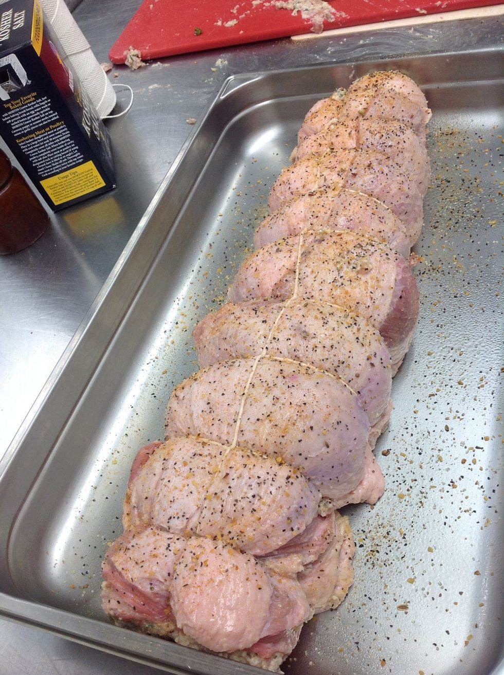 Tied and seasoned, ready for roasting