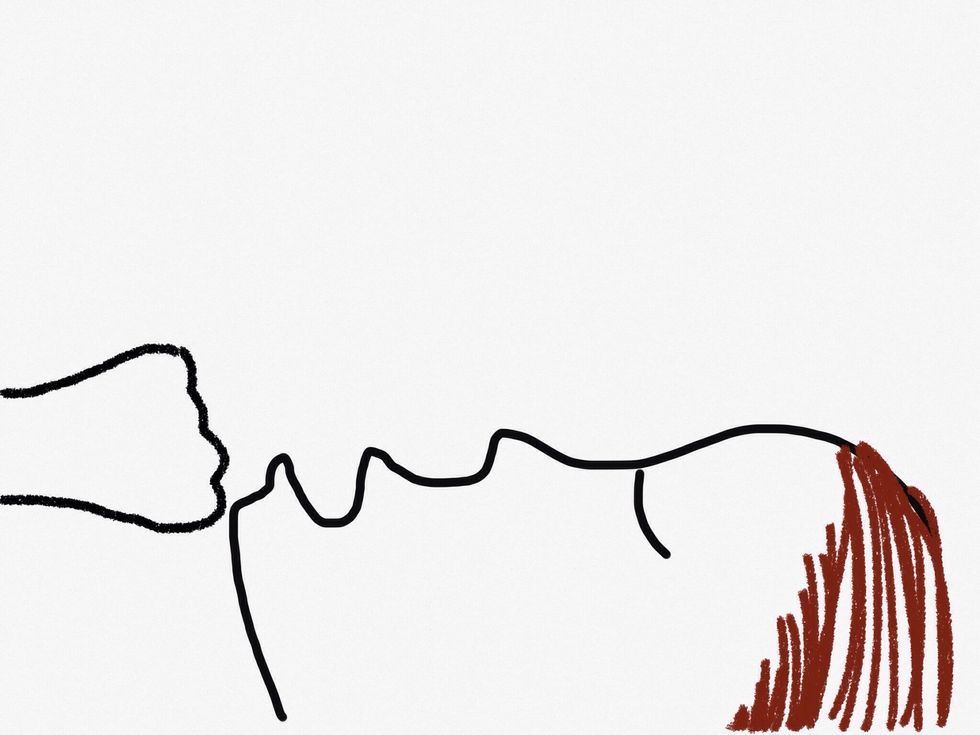 Tilt your head back and place your fist on your chin.