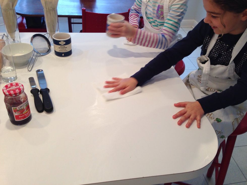 Time for a little clean up and hot chocolate break. Next time you see this counter, there will be dough!