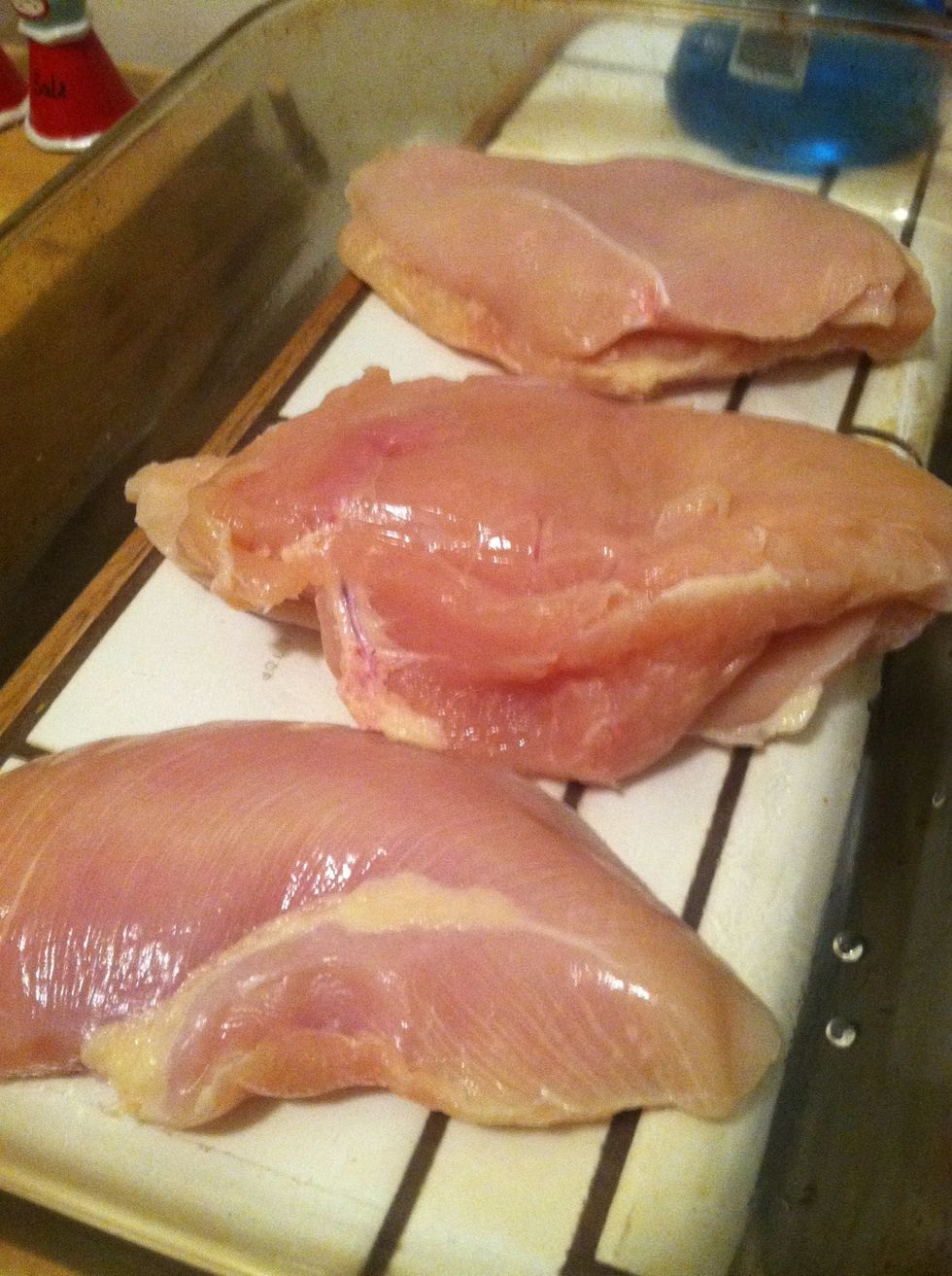 Time for chicken hands! Wash and dry chicken cutlets. These are not chicken cutlets, you should use thinner sliced chicken if you can.