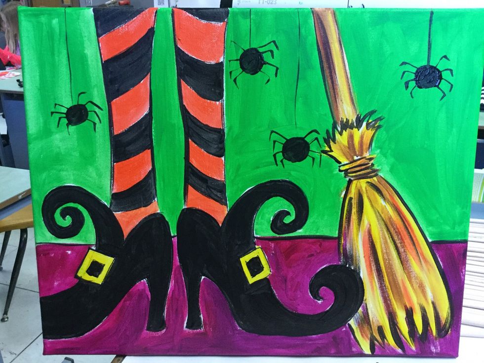 Time for spiders! Paint 3-5 black ovals throughout the background.