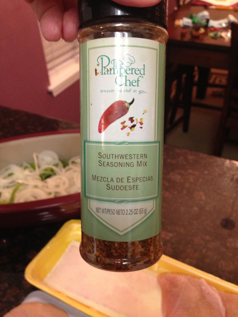 Time for the Seasoning! I like to use Southwestern Seasoning Mix from The Pampered Chef. If you don't have, use store bought Fajita seasoning.