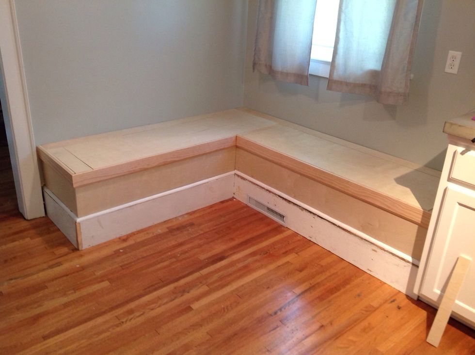Time for the top. We made it so ours could open and have storage underneath. Leave 2-3" gaps around the back and sides for clearance. Note how our top fits flush with the outer trim.