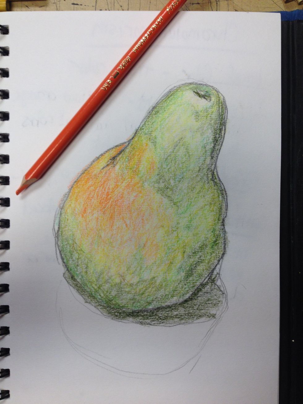 Time to add that red orange spot. i started with a broken layer of medium orange. Optical mixing! The orange is starting to make the green appear brighter. That's simultaneous contrast.