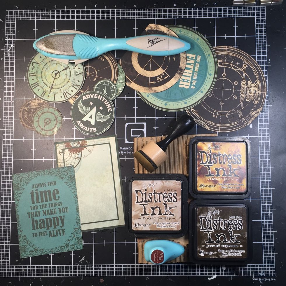 Time to distress and ink all layers! I used Distress Ink in Frayed Burlap. I also did this for the large layers of my background papers.