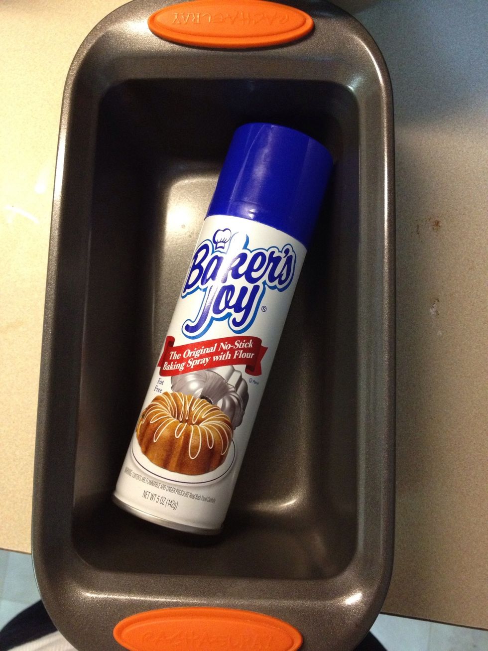 Time to grease your loaf pan! This baking spray works great. You can also use crisco and flour, if you prefer!