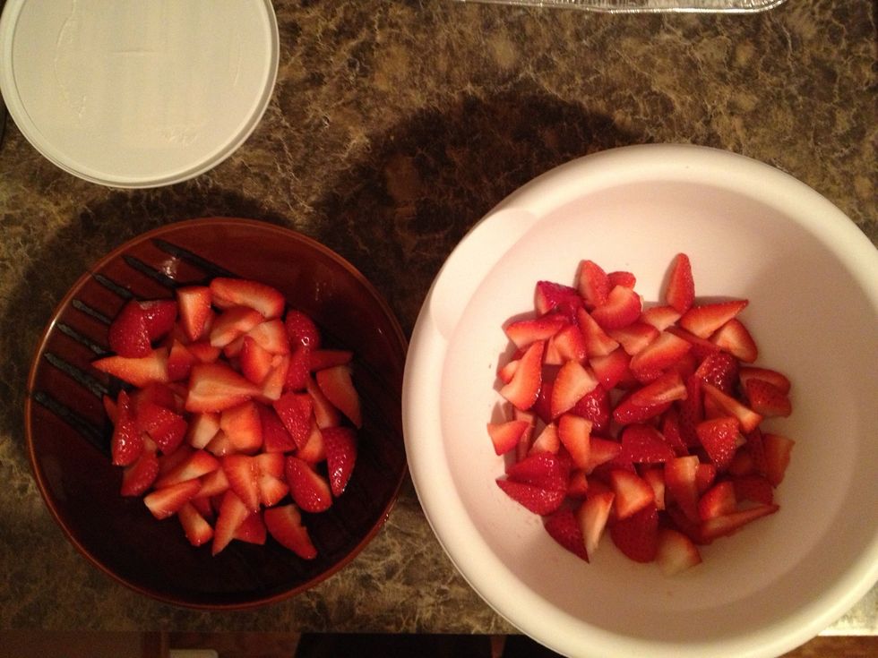 Time to make that glaze. If you're doing the two small pans divide out your strawberries evenly. If using the larger pan just skip this step.