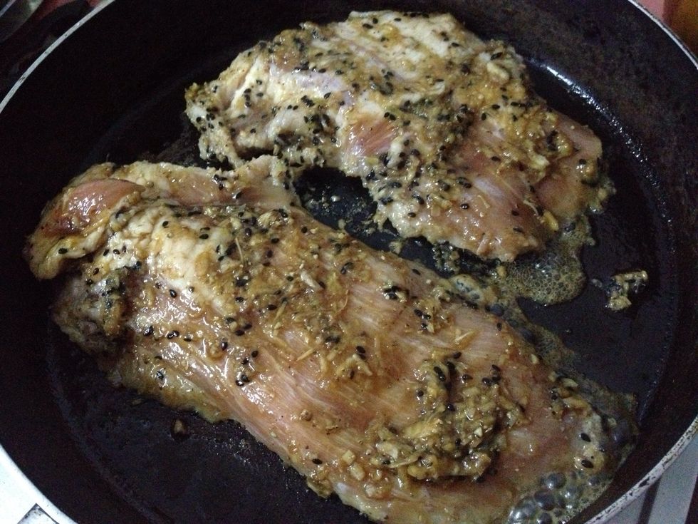 time to pan-grill your pork. you may put some vegetable oil into a pan too