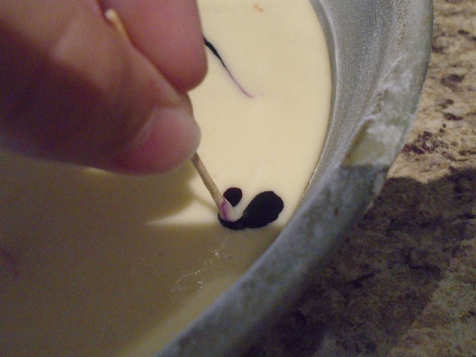 (Tip) Drag a toothpick through the center of the dot of food dye from the top and continue down through the batter to add a tail.