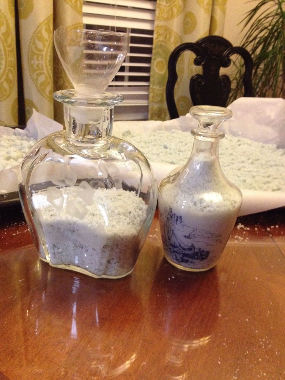 TIP: If you don't have a funnel to pour the salts in the decanters, cut the top off a soda bottle, turn upside down, and put it in the decanter to use as your funnel.