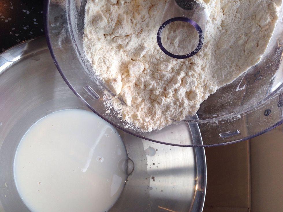 Tip the flour and butter into the bowl containing the yeast mix