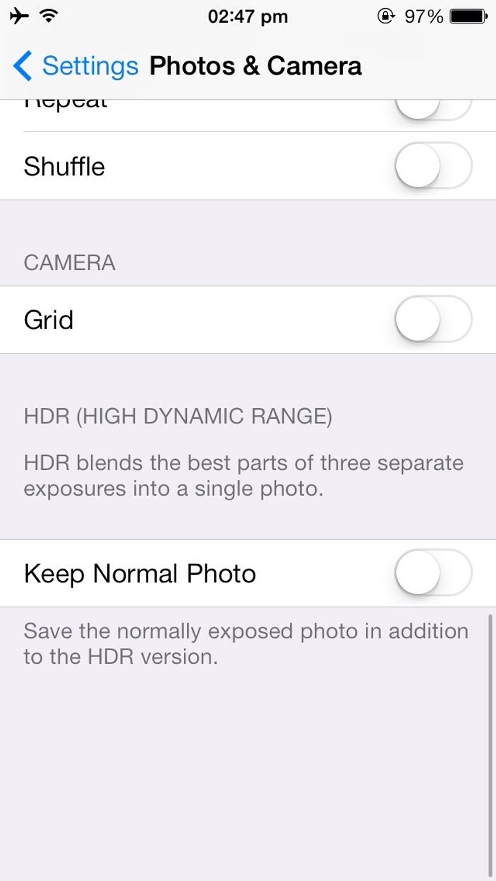 Tips: \u2022To turn on the Grid button, go to Settings>Photos & Camera & scroll down to find it.\u2022Keep the flash in auto mode. \u2022Avoid using HDR for photos with movement,high-contrast scenes & vivid colors