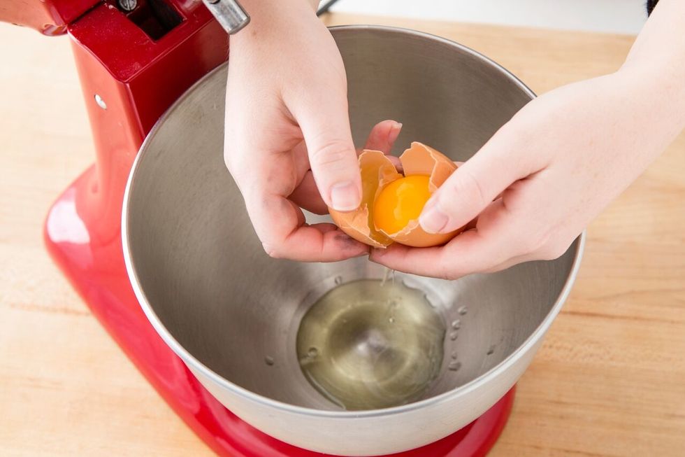 To a large mixing bowl, add one egg.